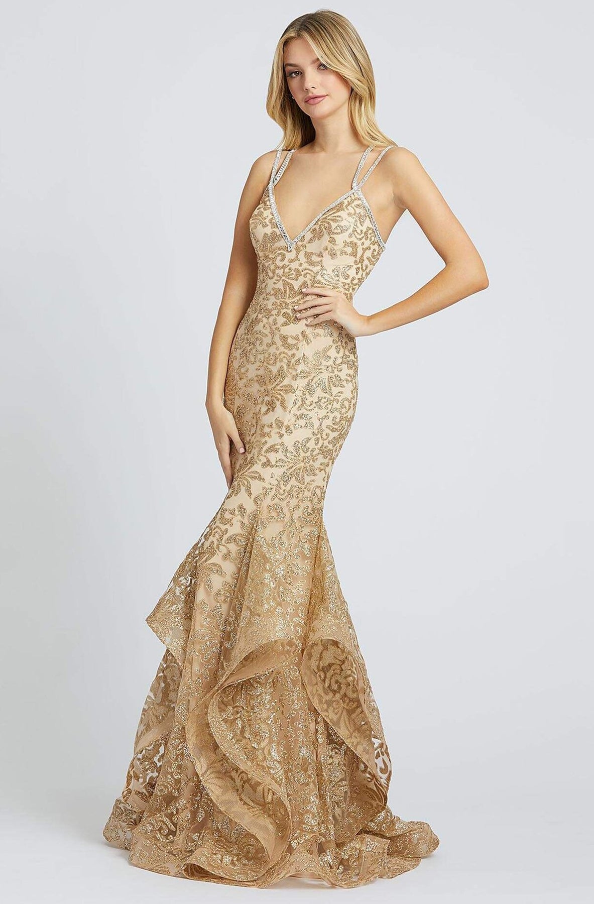 Mac Duggal Prom - 49015M Strappy Embellished Ruffled Mermaid Dress In Gold