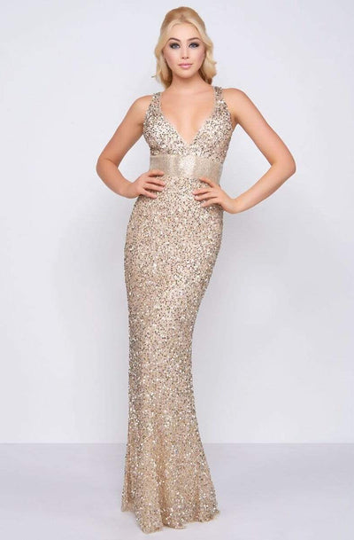 Mac Duggal Flash - 4930L Sequined Empire Waist Long Sheath Gown Special Occasion Dress 0 / Nude/Gold