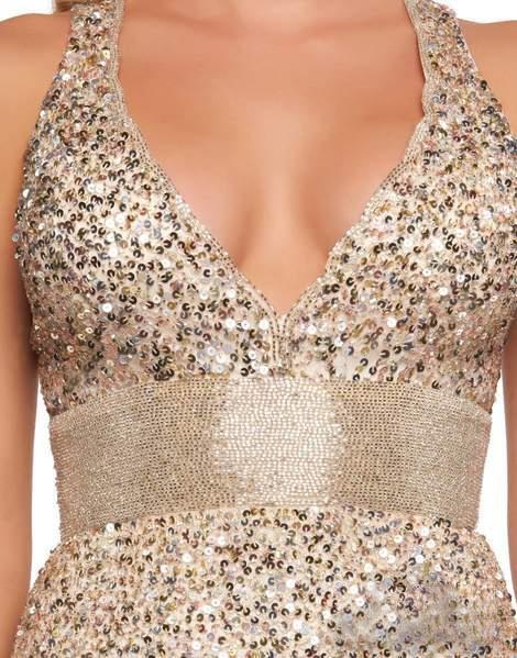 Mac Duggal Flash - 4930L Sequined Empire Waist Long Sheath Gown In Neutral and Gold