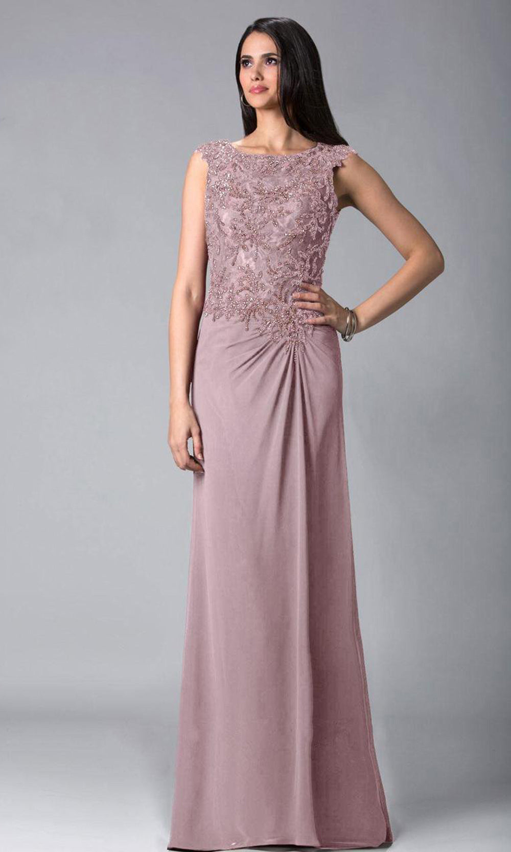 Feriani Couture - Cap Sleeve Lace Appliqued Column Gown 18402 CCSALE 16 / Rose