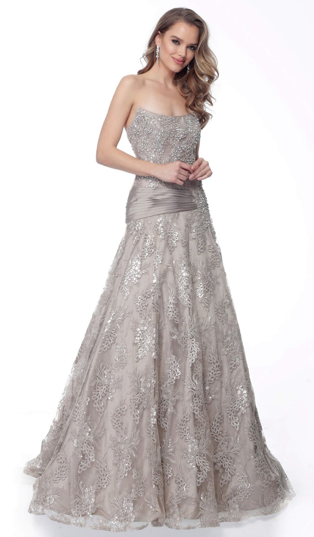 Jovani - 62832 Strapless Embroidered A-line Gown In Gray