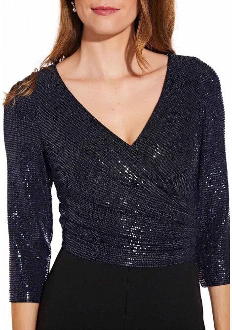 Adrianna Papell - AP1E206289 Sequined Quarter Length Sleeve Jumpsuit In Blue and Black