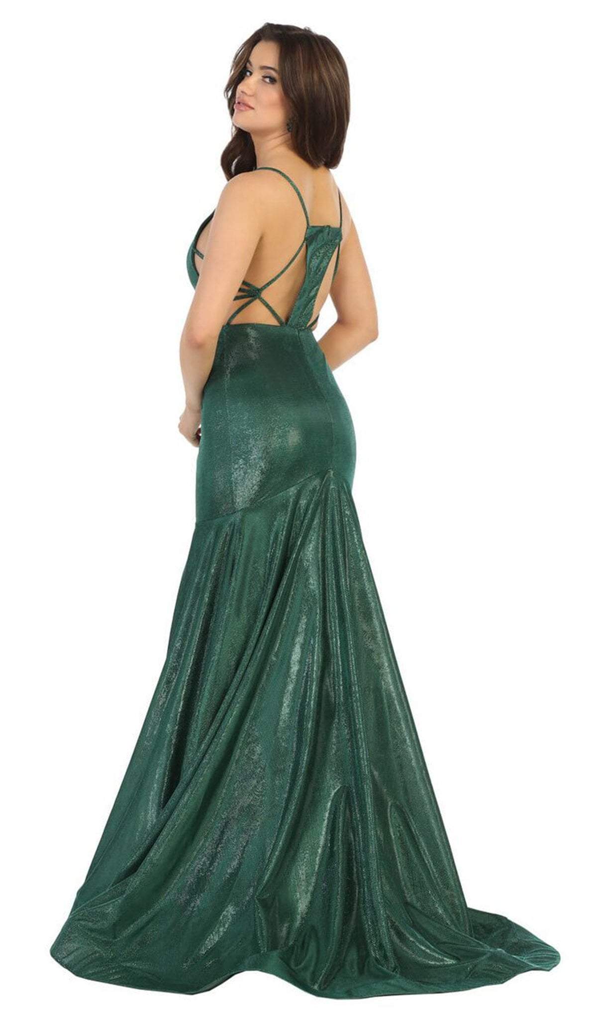 May Queen - RQ7739 Strappy Plunging V-Neck Trumpet Dress In Green