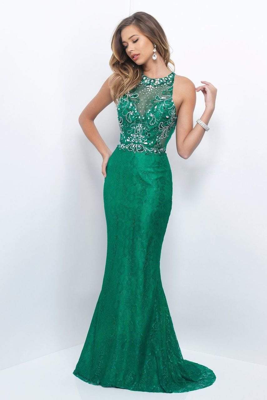 Blush by Alexia Designs - 11111 Halter Style Jewel Long Sheath Dress Special Occasion Dress 0 / Emerald