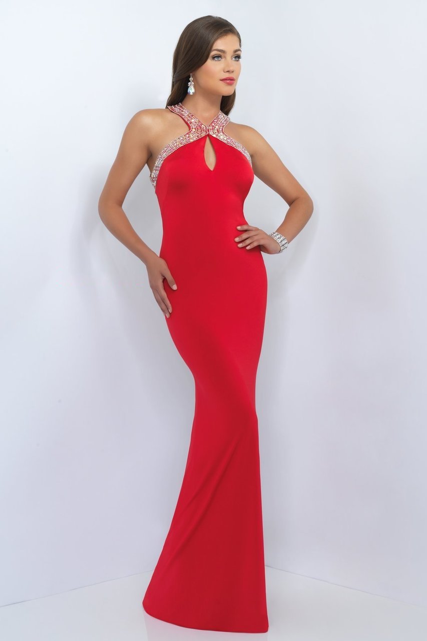 Blush - Bejeweled Halter Cutout Sheath Gown 11031 in Red