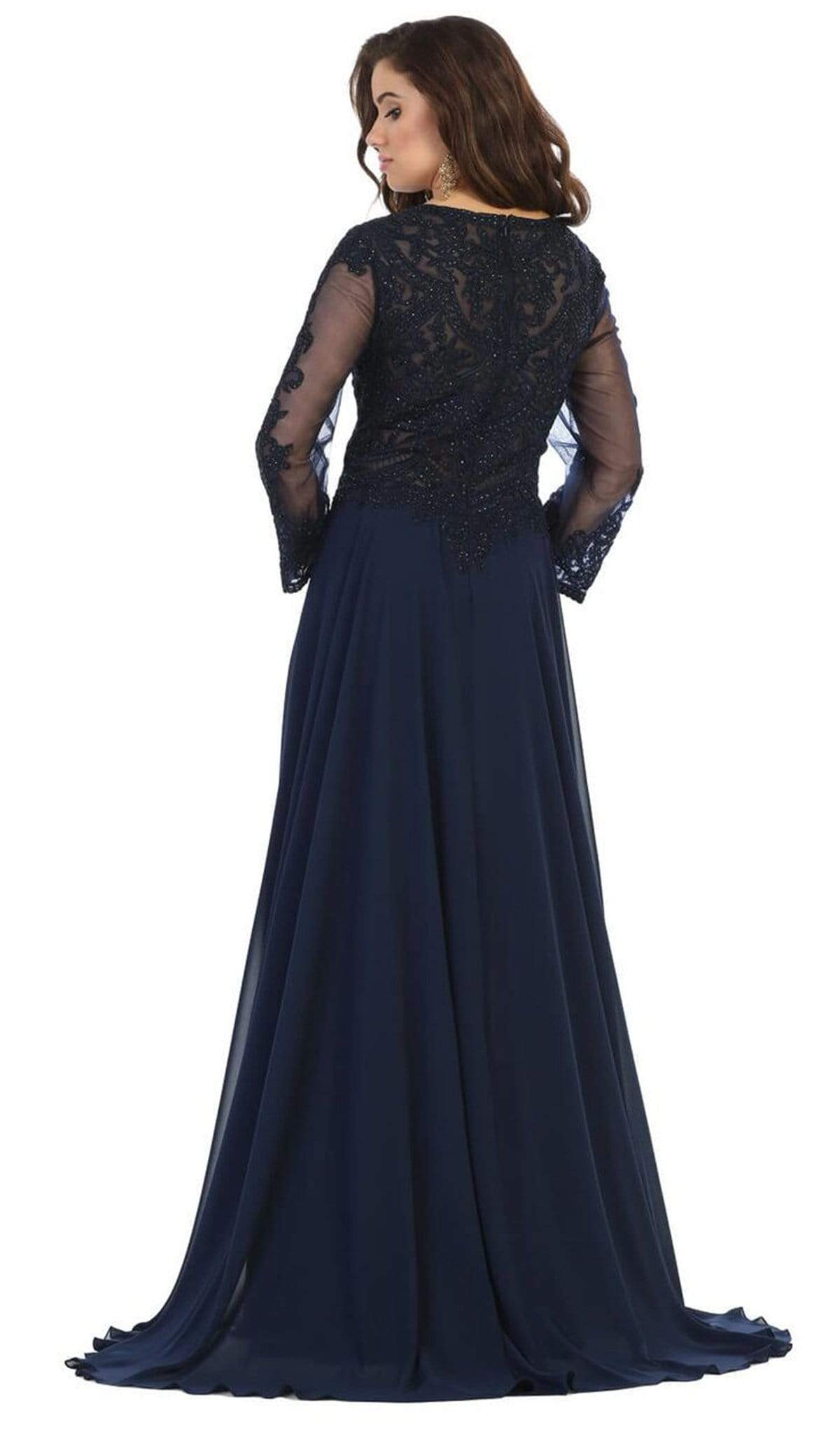 May Queen - MQ1615B Applique Long Sleeve A-line Dress In Blue