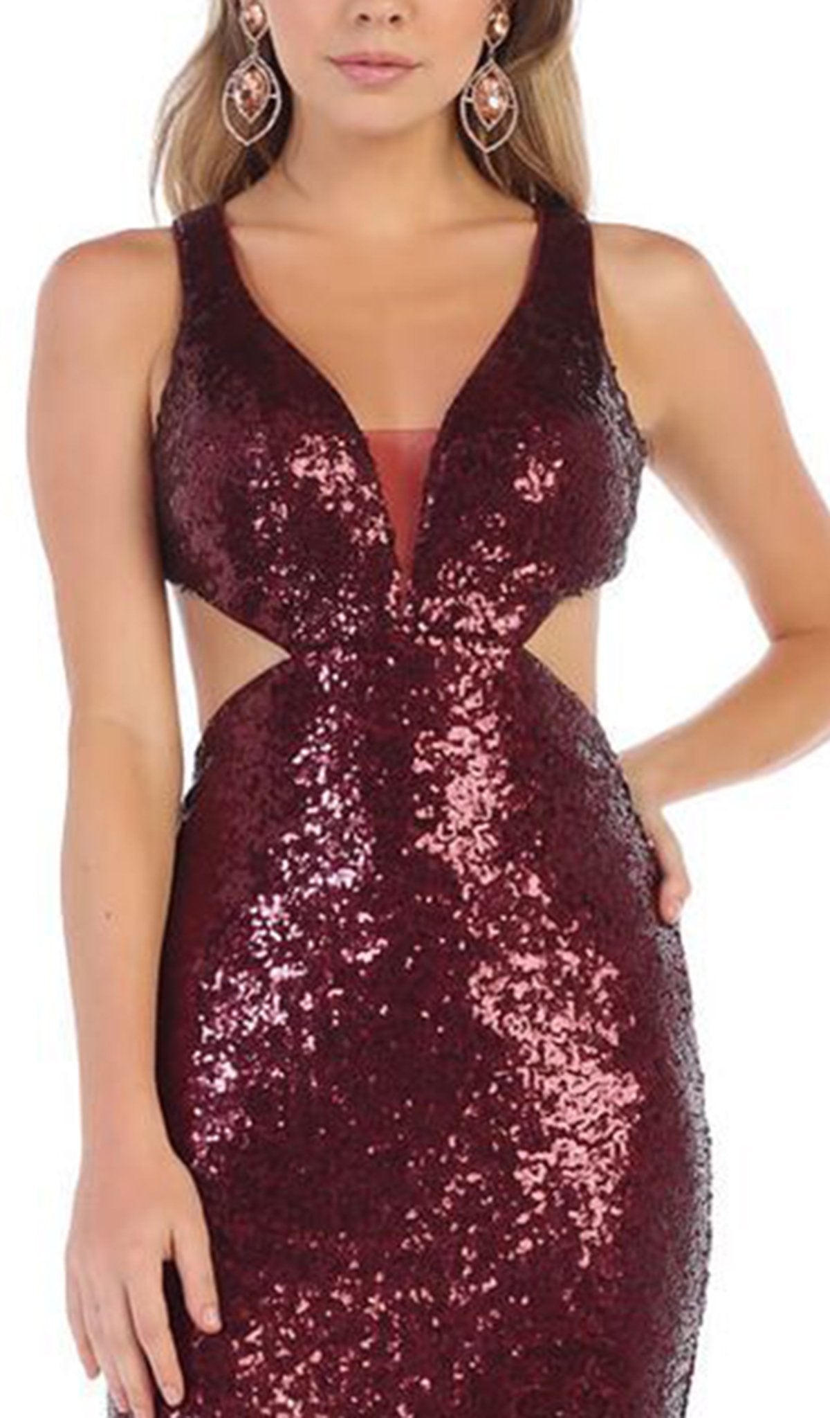 May Queen - MQ1628 Two Tone Sequined Deep V-neck Sheath Dress In Red and Gold