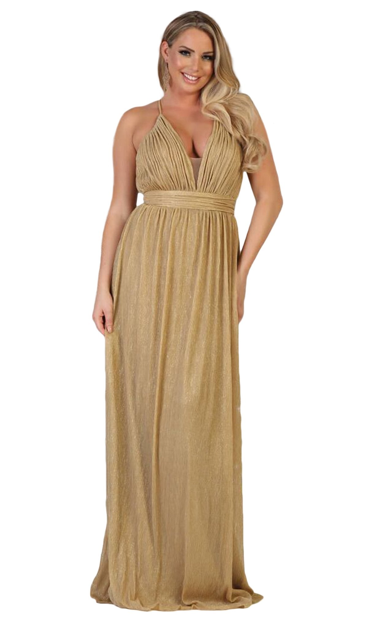 May Queen - MQ1635 Ruched Plunging V-Neck A-Line Dress In Gold