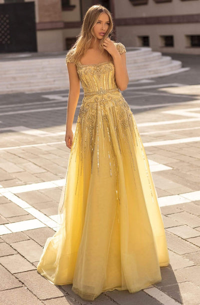 Tarik Ediz - 93915 Embellished Square Neck A-line Gown Evening Dresses 0 / Yellow