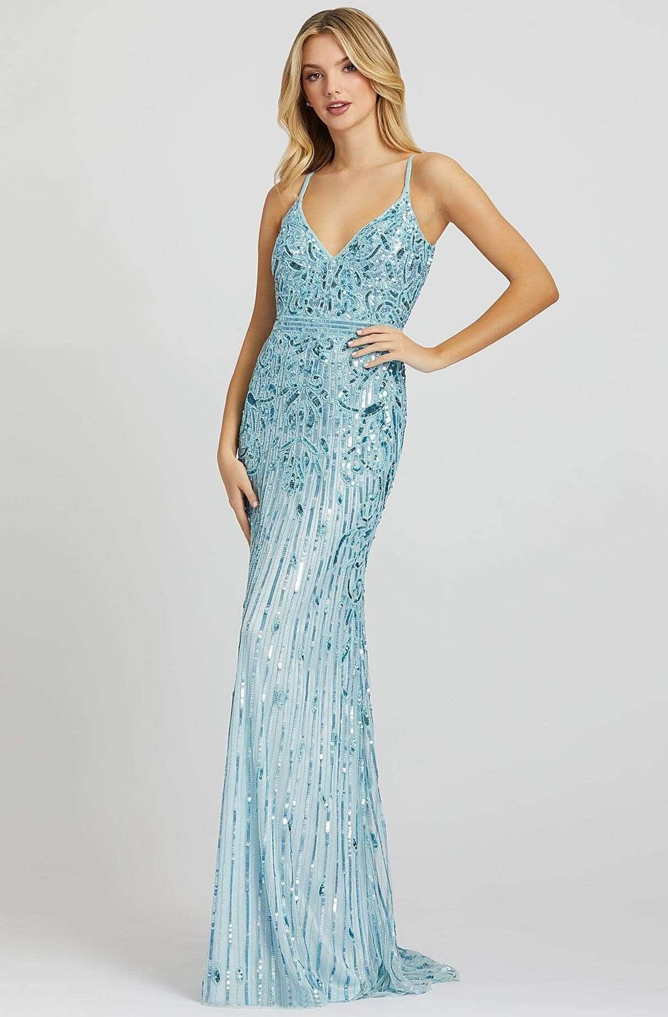 Mac Duggal Prom - 5001M Sleeveless V Neck Sequin Sheath Gown Prom Dresses 0 / Powder Blue