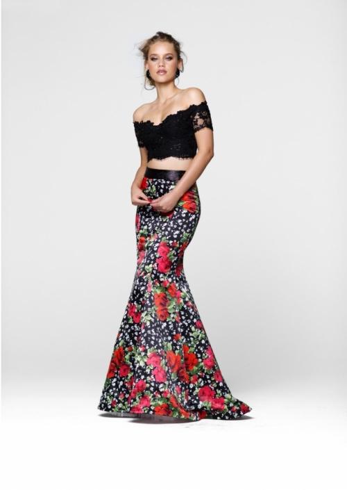 Tarik Ediz - Two Piece Floral Dress 50029 in Black and Multi-Color