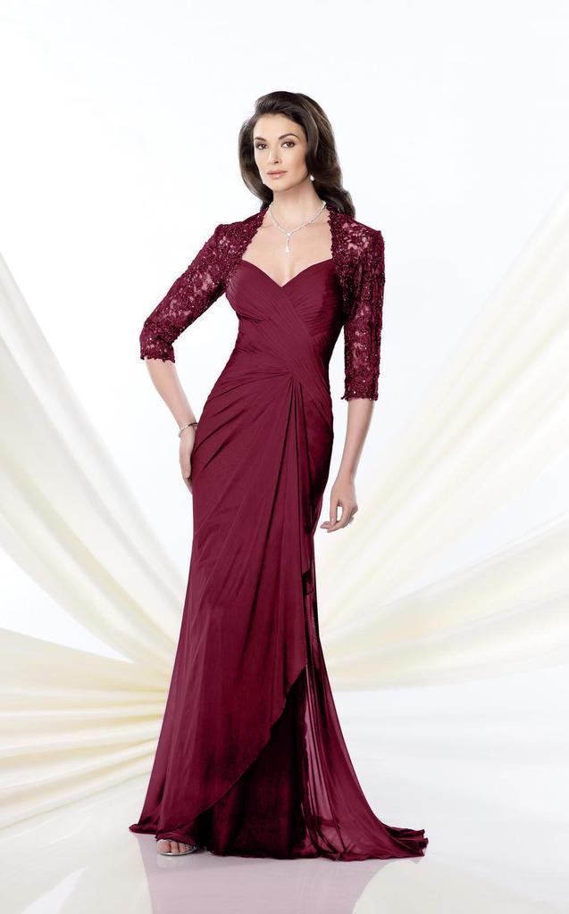 Montage by Mon Cheri - 214943 Criss Cross Ruched Lace Evening Gown in Red