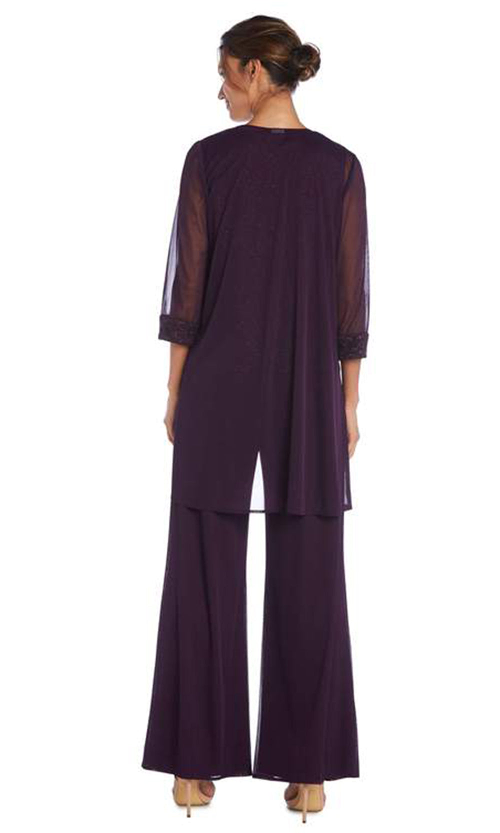 R&M Richards - 5008P Three-Piece Pant Set with Lace, Pearl Detail and Sheer Cardigan