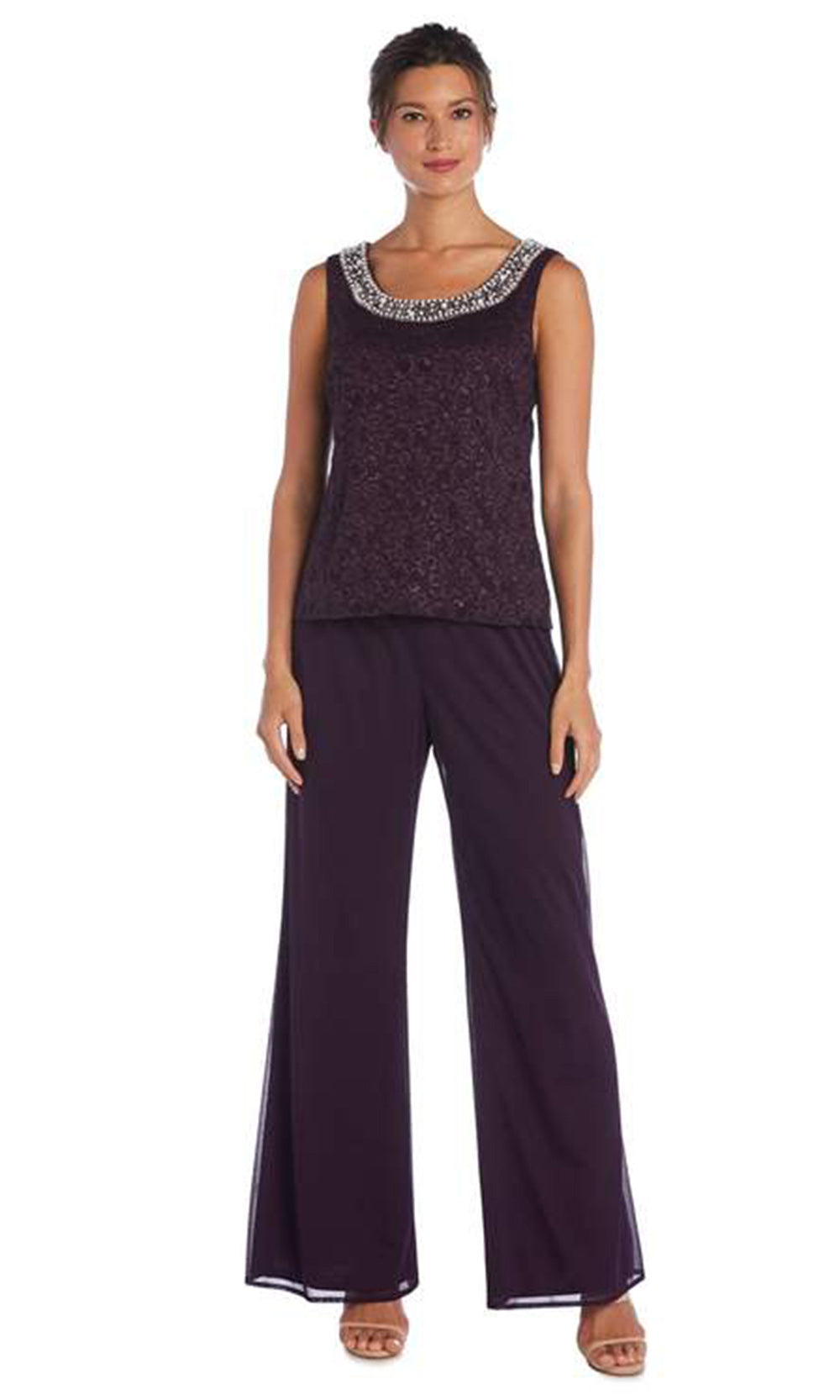 R&M Richards - 5008P Three-Piece Pant Set with Lace, Pearl Detail and Sheer Cardigan