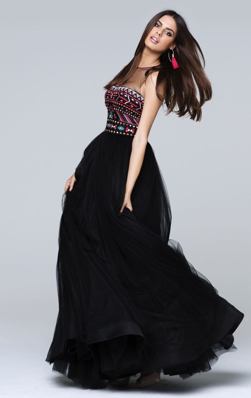 Tarik Ediz - Sheer Neckline Long Dress 50116 in Black