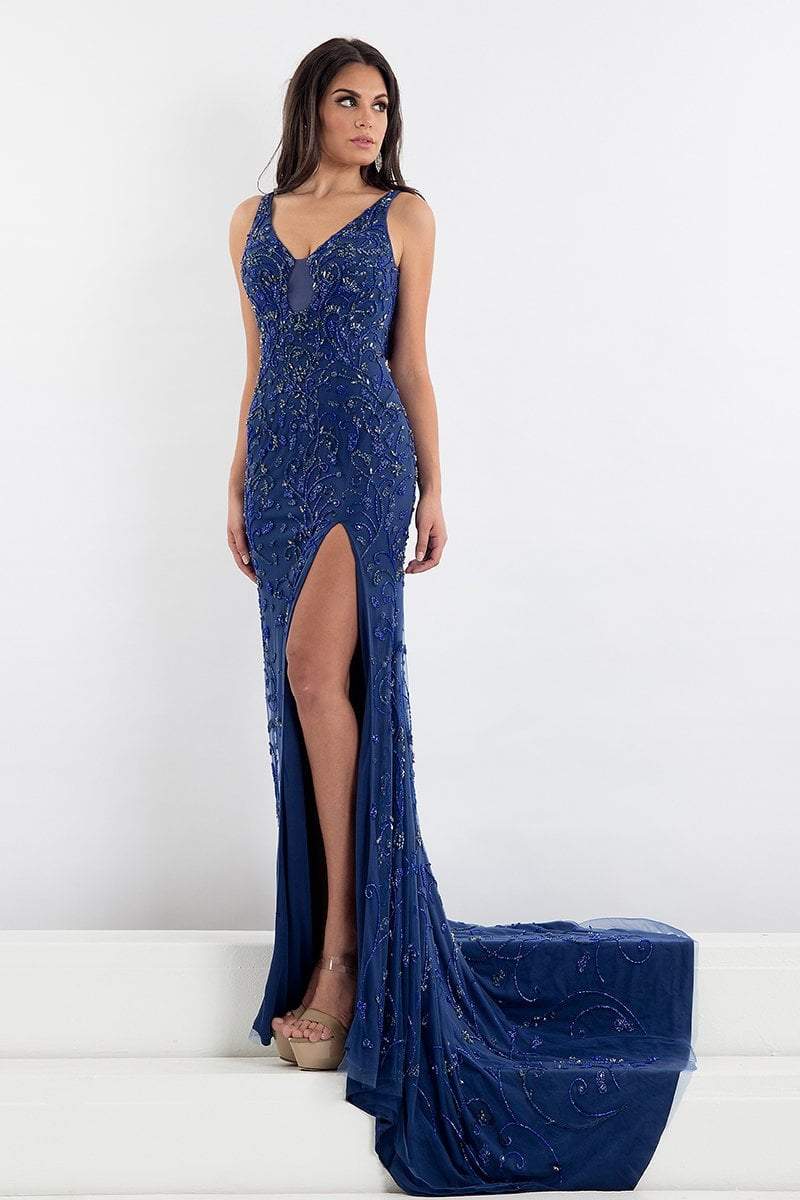 Rachel Allan Prima Donna - 5012 Floral Beaded Low Back Gown with Slit in Blue