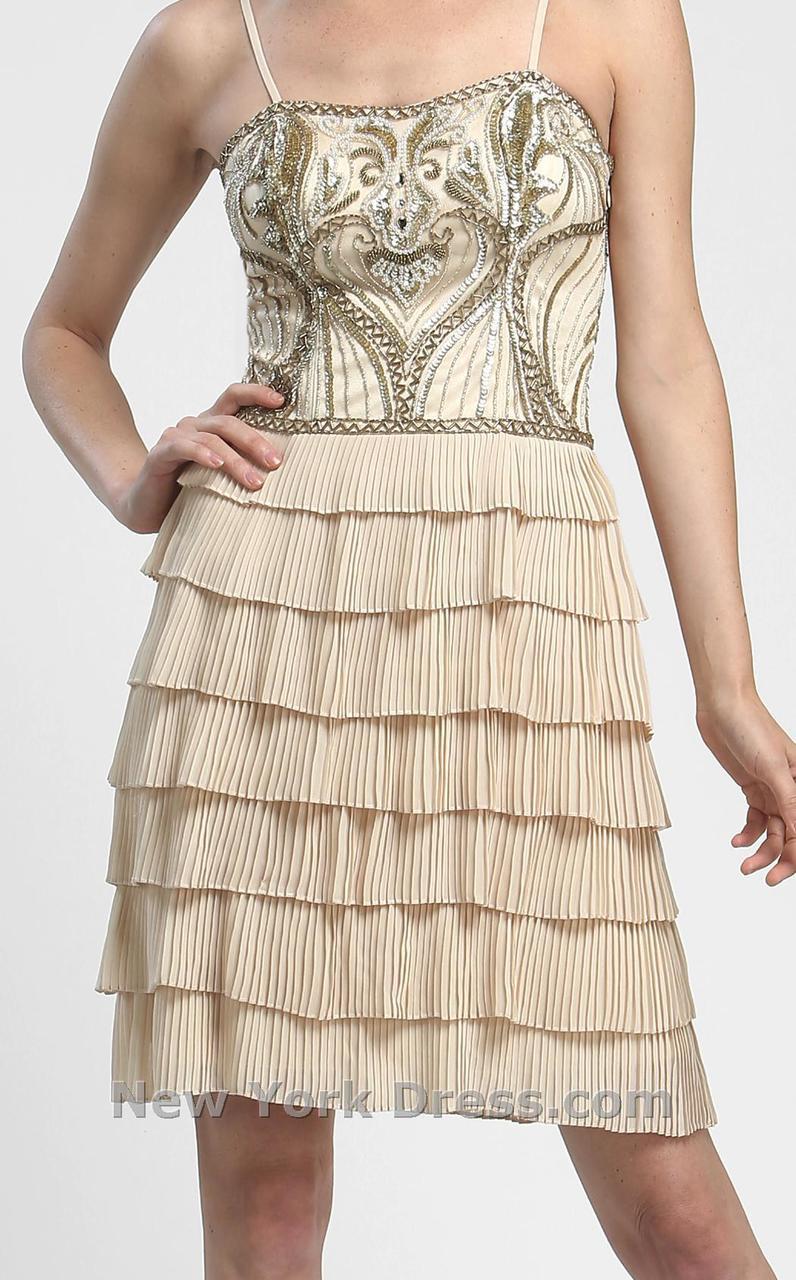 Sue Wong N4100 - Short Sheath Dress - Spaghetti Straps, Mid-Open Back, Side Zipper Closure, Scroll Beaded Bodice, Ruffled Tiers, Accordion Pleated, Sue Wong N4100 - Short Sheath Dress - Spaghetti Straps, Mid-Open Back, Side Zipper Closure, Scroll Beaded Bodice, Ruffled Tiers, Accordion Pleated,