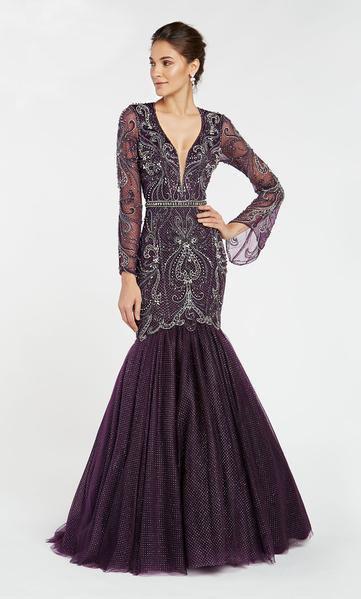 Alyce Paris - 5061 Plunging V-Neck Long Sleeves Mermaid Gown In Black and Purple