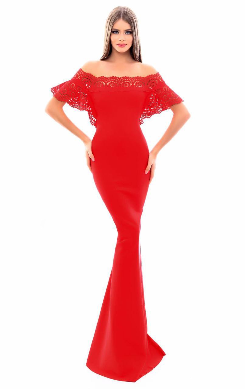 Tarik Ediz - 50347 Laser-Cut Batwing Sleeve Off Shoulder Mermaid Gown In Red