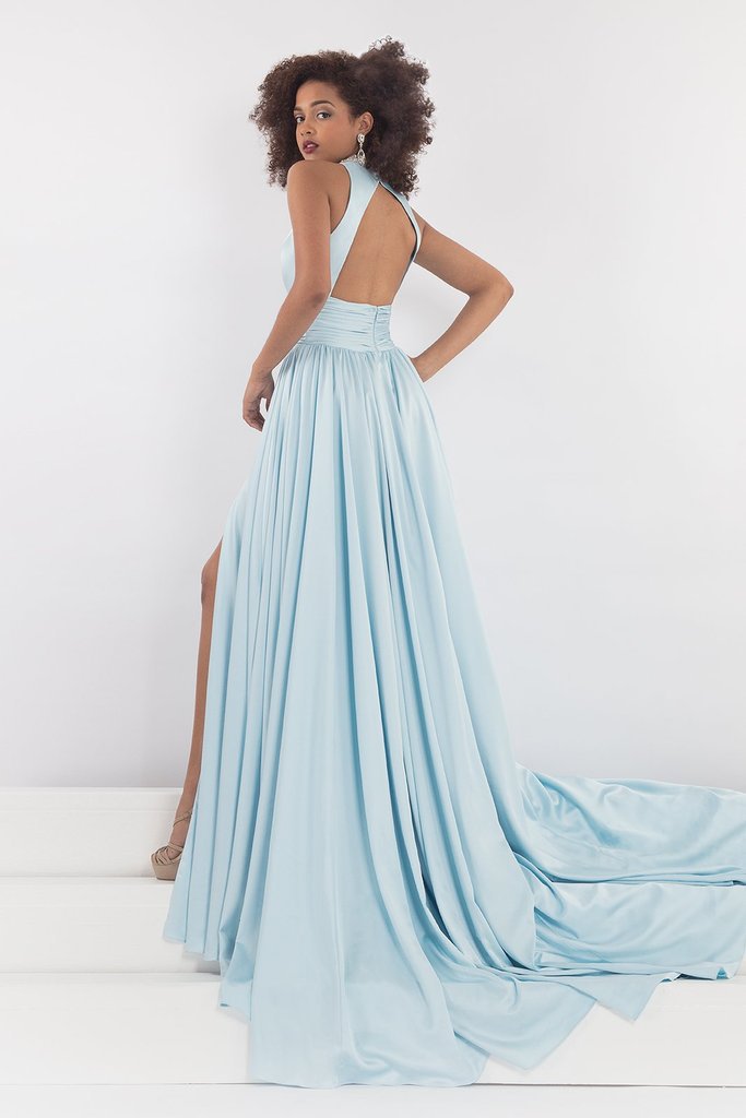 Rachel Allan - 5035 Plunging Cutout Bejeweled High Neck Gown in Blue