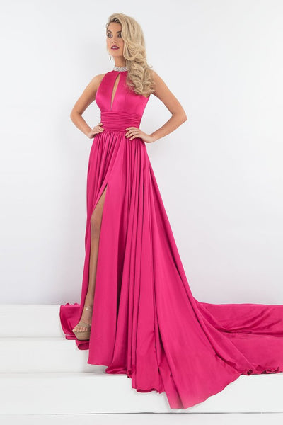 Rachel Allan - 5035 Plunging Cutout Bejeweled High Neck Gown in Pink