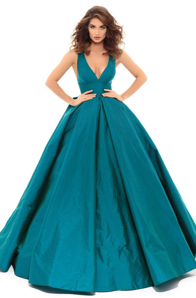 Tarik Ediz - 50402 Sleeveless V Neck Taffeta Prom Dress Prom Dresses 2 / Emerald