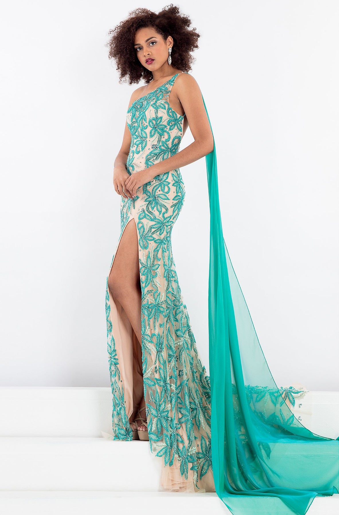 Rachel Allan - 5045 Asymmetrical Floral Gown with Slit in Green and Neutral