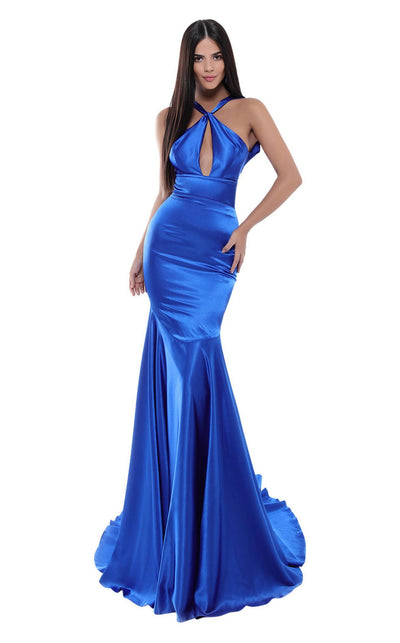 Tarik Ediz - 50471 Knotted Halter Neckline Ball Gown In Blue
