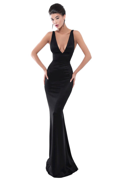 Tarik Ediz - 50483 Plunging Belt-Detailed Backless Gown Evening Dresses 2 / Black