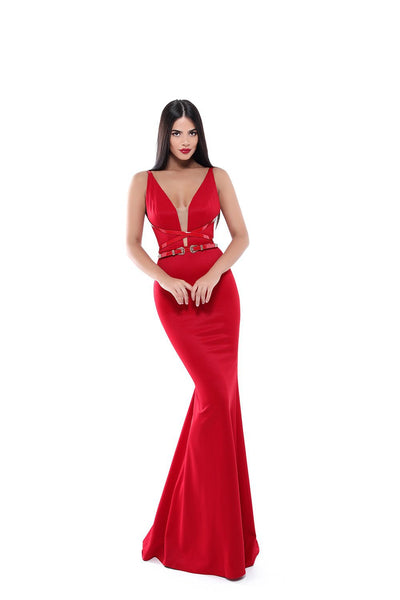 Tarik Ediz - 50484 Crisscross-Belt Ornate Plunging Mermaid Gown Evening Dresses 2 / Red