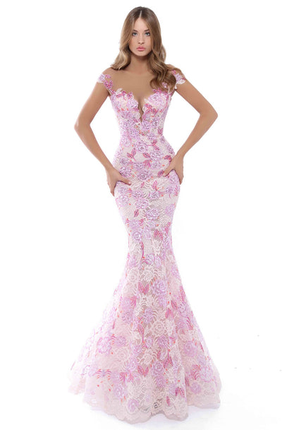 Tarik Ediz - 50493 Floral Lace Cap Sleeve Mermaid Gown With Train In Pink