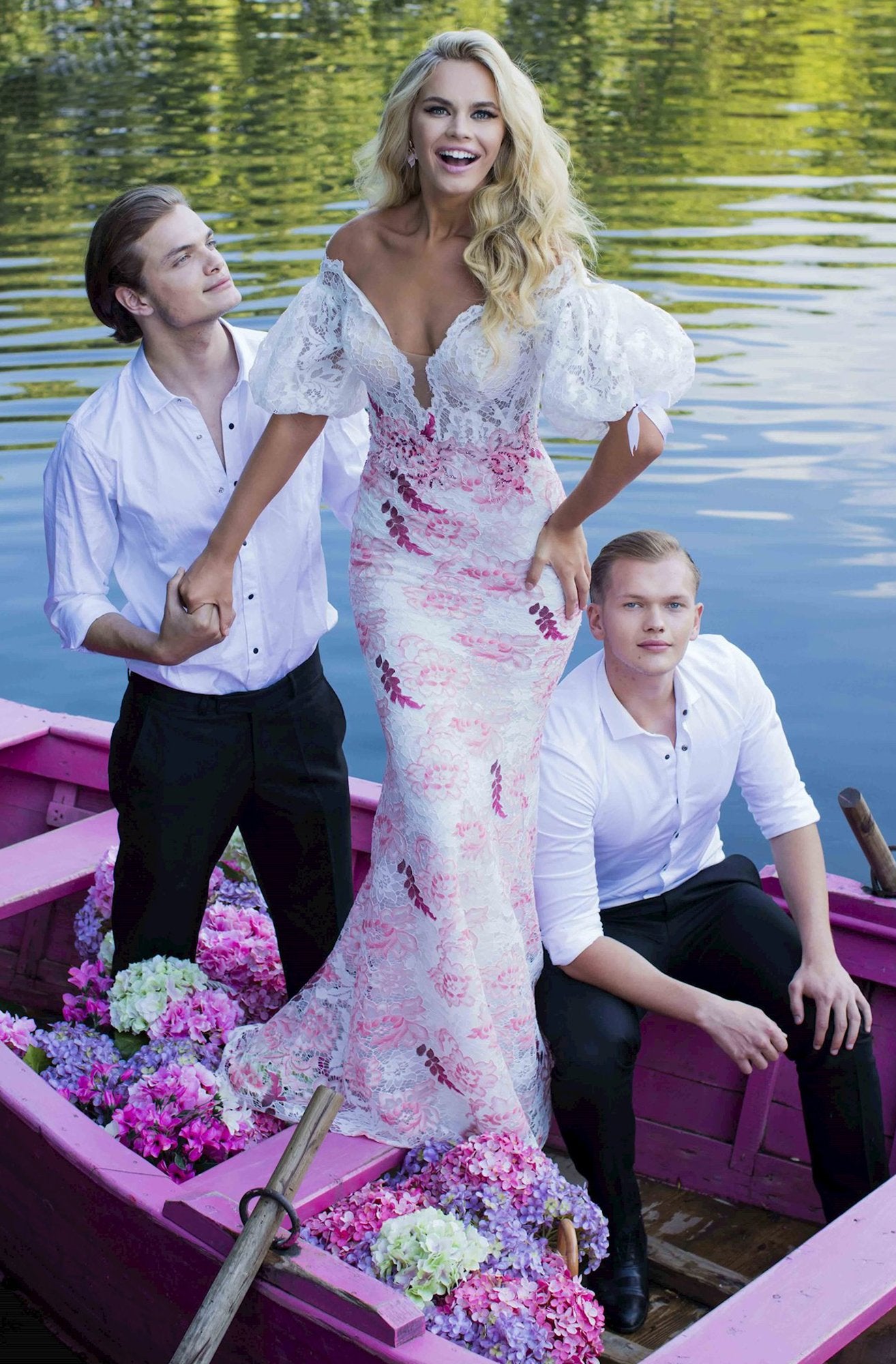 Tarik Ediz - 50497 Floral Lace Plunging Off-Shoulder Dress In Pink