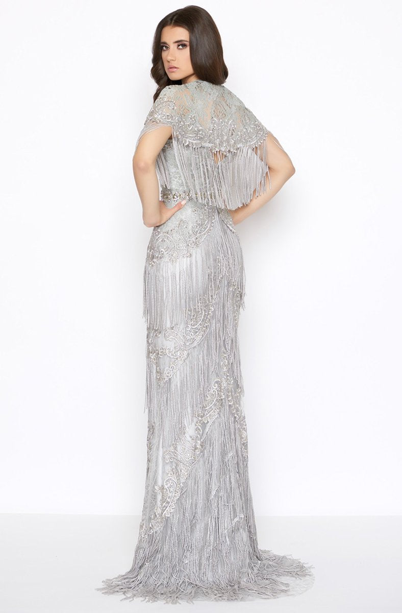 Mac Duggal - 50500D Embellished Fringed Sheath Evening Gown in Silver