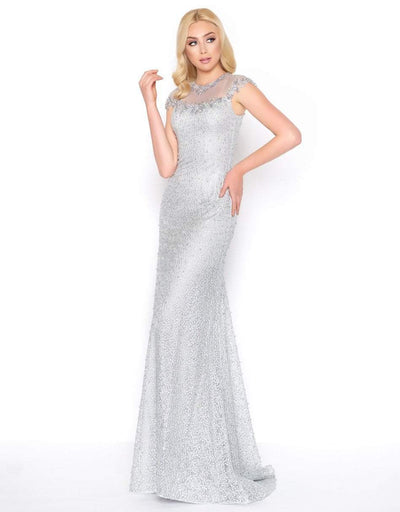 Mac Duggal - 50504D Jewel Illusion Neckline Sheath Evening Gown in Silver