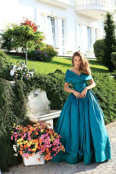 Tarik Ediz - 50511 Ruched Detailed Off Shoulder Ballgown Special Occasion Dress 2 / Emerald