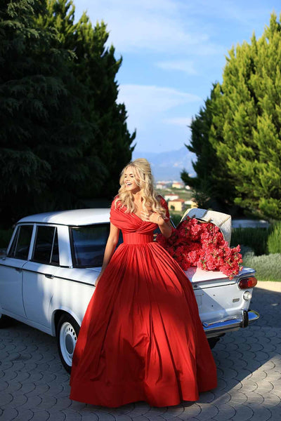 Tarik Ediz - 50511 Ruched Detailed Off Shoulder Ballgown Special Occasion Dress 2 / Red