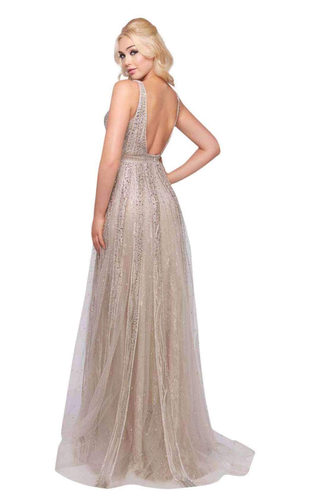 Mac Duggal Couture - 50514D Beaded Deep V-neck A-line Dress In Nude