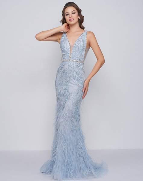 Mac Duggal Prom - 50537M Beaded Fringed Plunging V-Neck Evening Dress In Blue