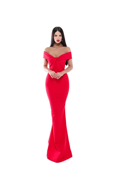 Tarik Ediz - 50524 Draped Off Shoulder Weaved Mermaid Gown Evening Dresses 2 / Red