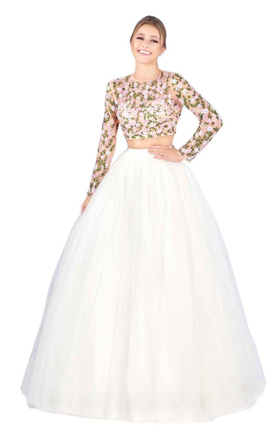 Mac Duggal Ballgowns - 50526H Two Piece Floral Embroidered Ballgown in White and Multi-color