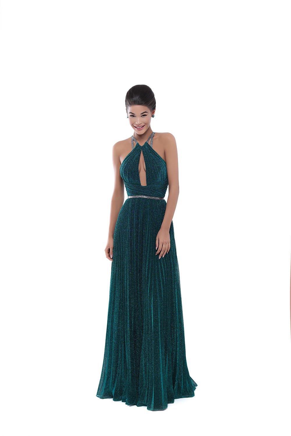 Tarik Ediz - 50547 High Halter Plunging Cutout A-Line Gown Special Occasion Dress 2 / Emerald