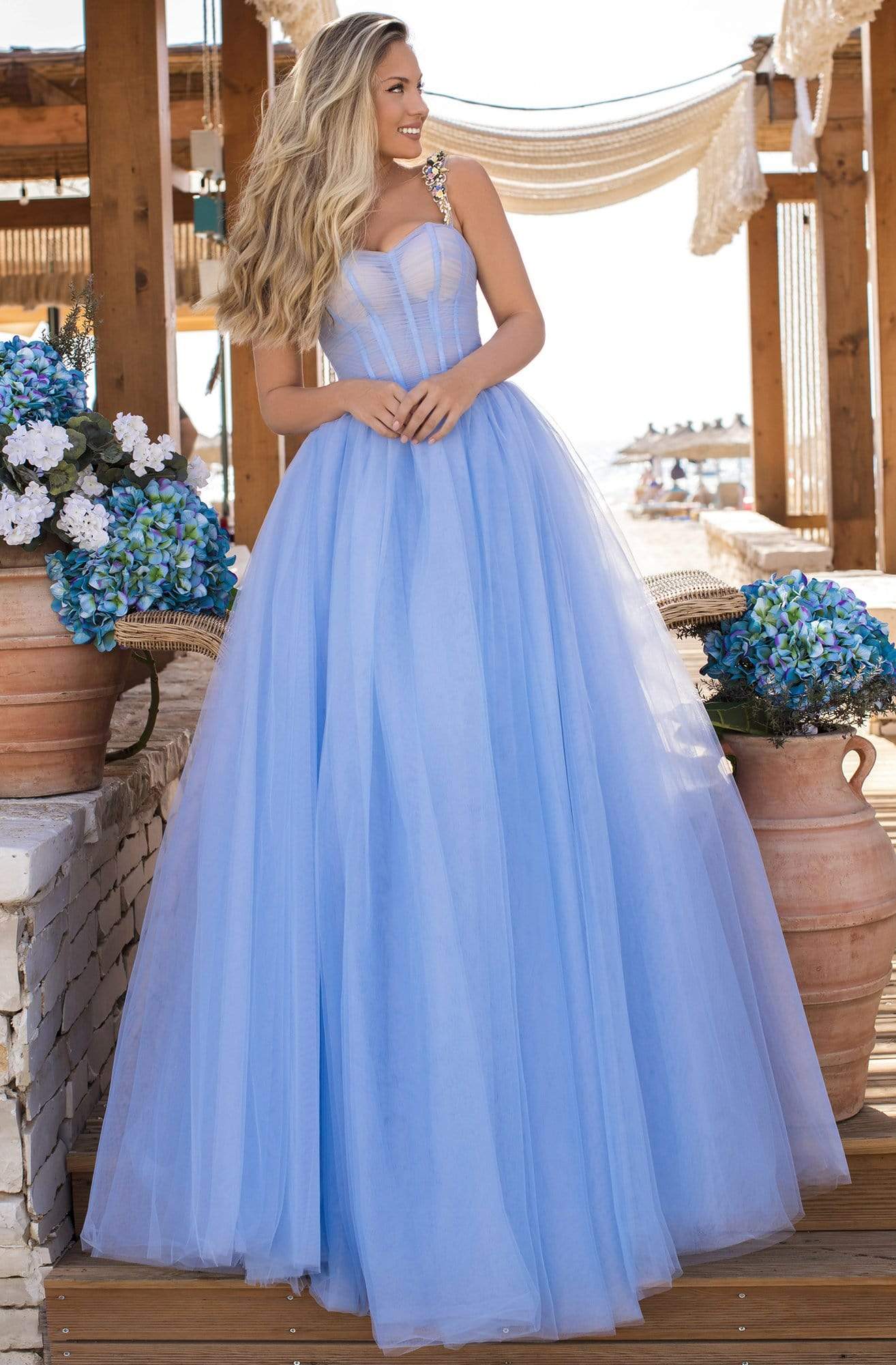 Tarik Ediz - 50619 Floral Ornate Strapped Tulle A-Line Gown Prom Dresses 0 / Blue