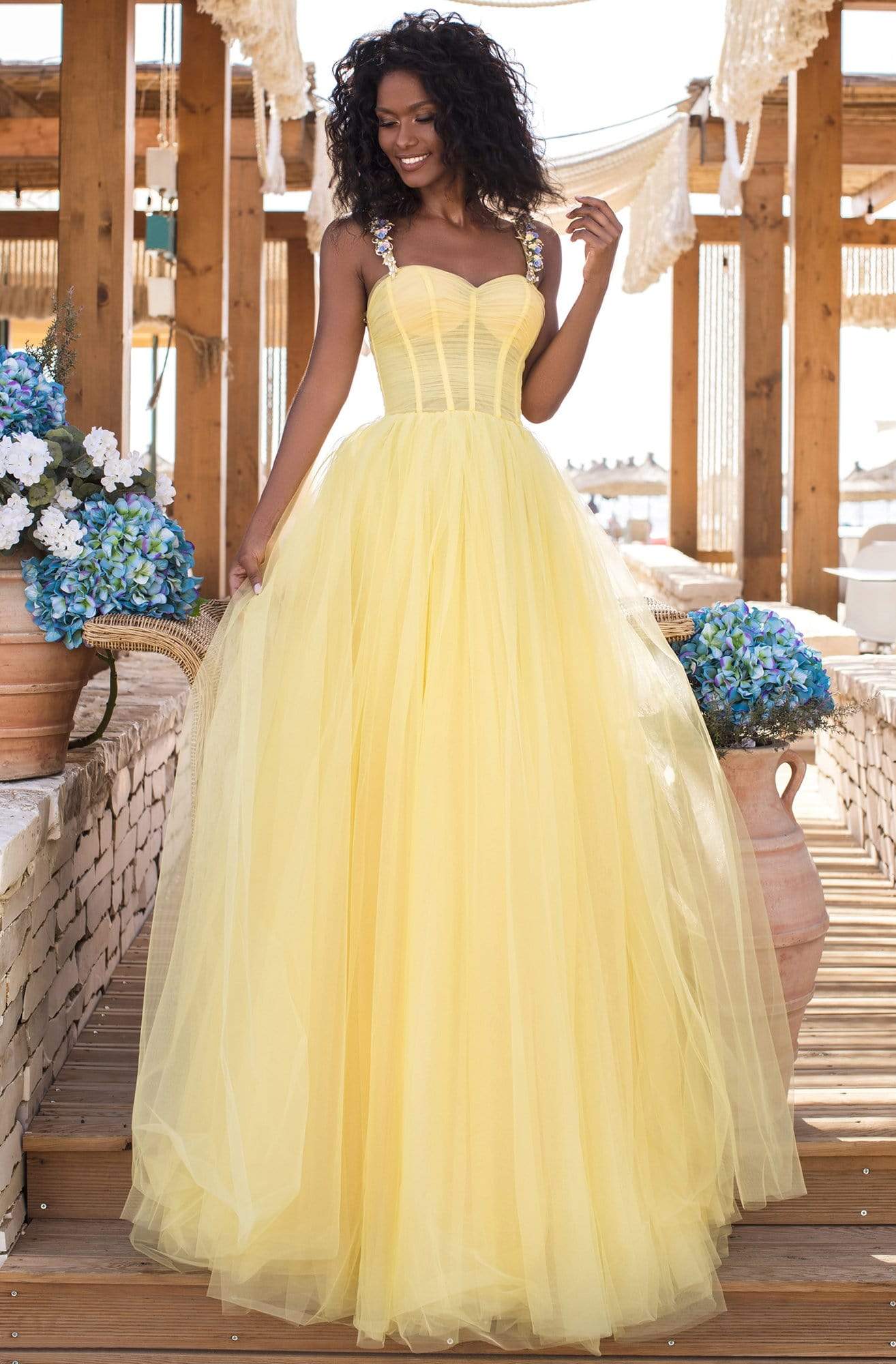 Tarik Ediz - 50619 Floral Ornate Strapped Tulle A-Line Gown Prom Dresses 0 / Yellow