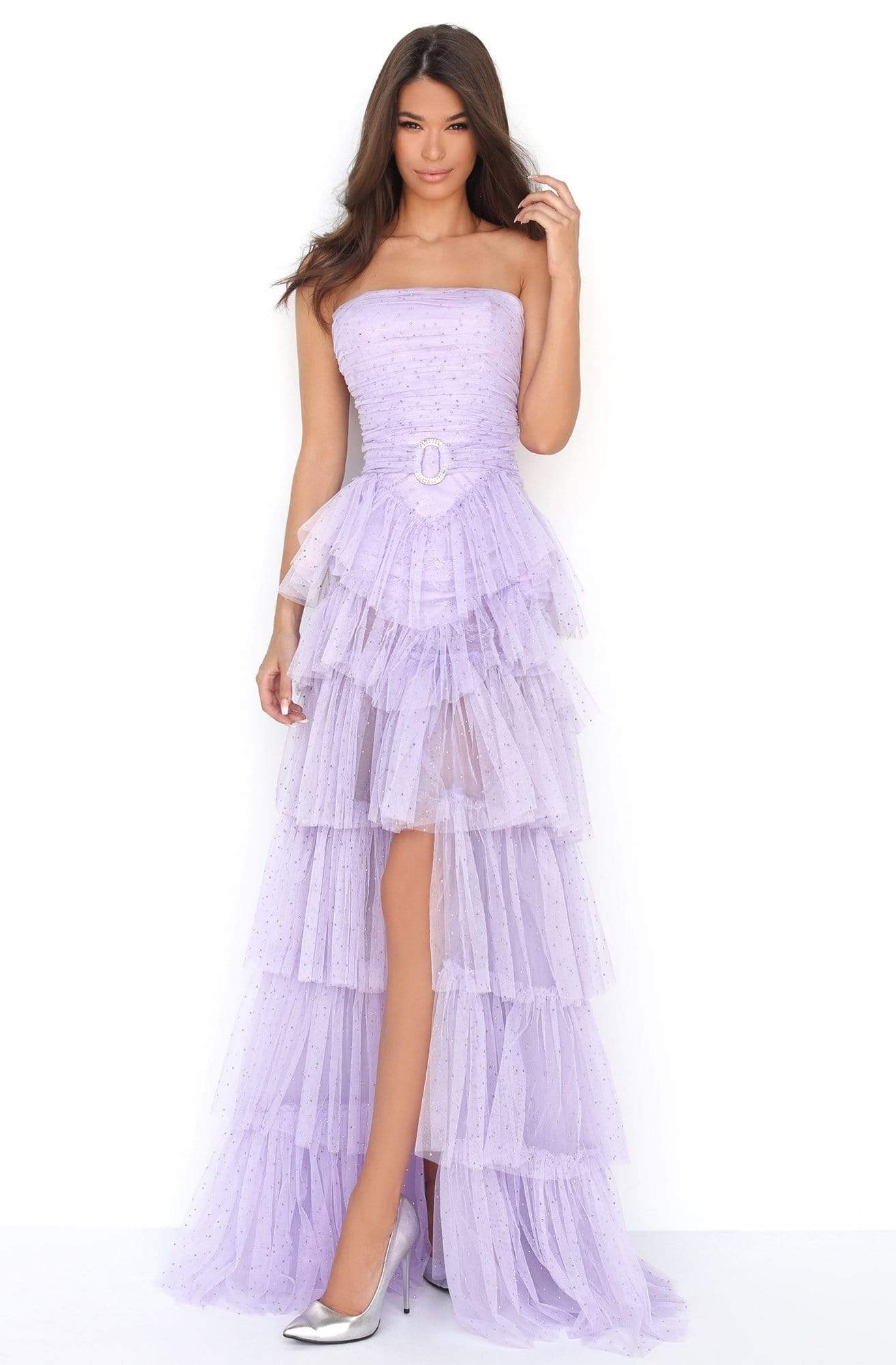 Tarik Ediz - 50631 Stone Studded Shirr-Tiered High Slit Gown Prom Dresses 0 / Lilac