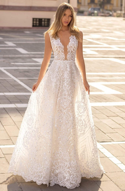Tarik Ediz - 50634 Illusion Plunging Neckline Prom Dresses 0 / Ivory