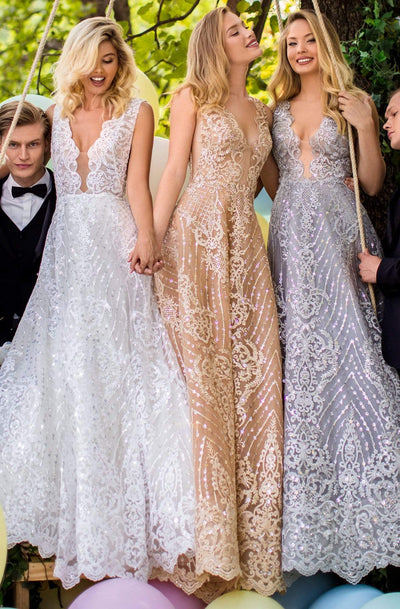 Tarik Ediz - 50634 Illusion Plunging Neckline Prom Dresses 0 / Silver