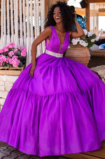Tarik Ediz - 50642 Sleeveless Illusion Deep V Neck Ballgown Prom Dresses 0 / Purple