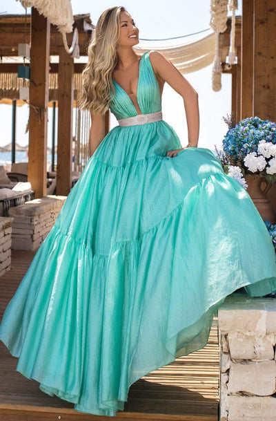 Tarik Ediz - 50642 Sleeveless Illusion Deep V Neck Ballgown Prom Dresses 0 / Mint