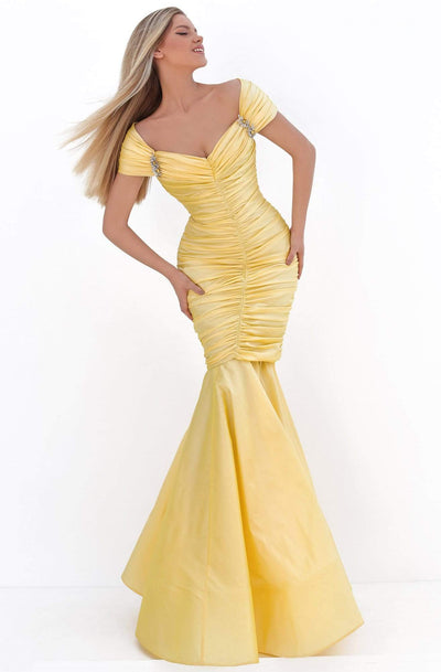 Tarik Ediz - 50656 Short Sleeve Shirred Taffeta Trumpet Gown Prom Dresses 0 / Yellow