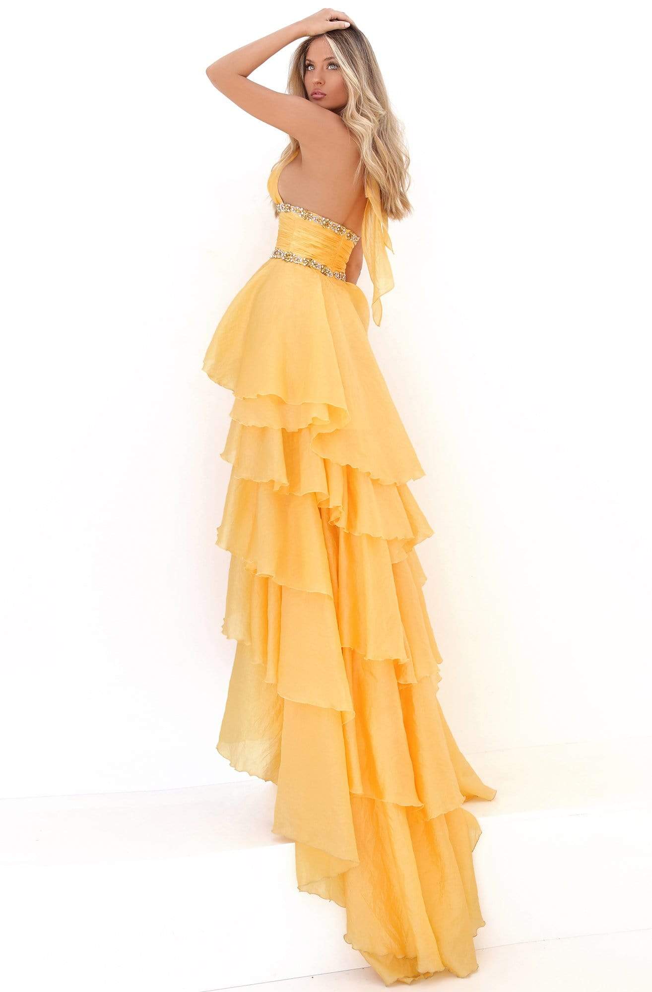Tarik Ediz - 50676 Embellished Halter V-neck High Low A-line Dress Evening Dresses